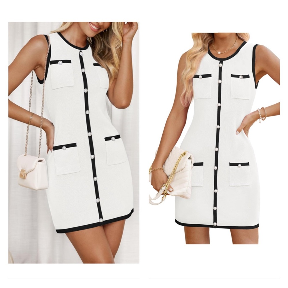 Sleeveless Mini Dress Crewneck Button Kint Bodycon Short Dresses with Pockets